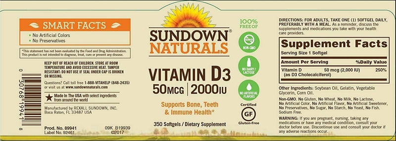 Sundown Naturals Vitamin D3, 2000 Iu 350 Softgels