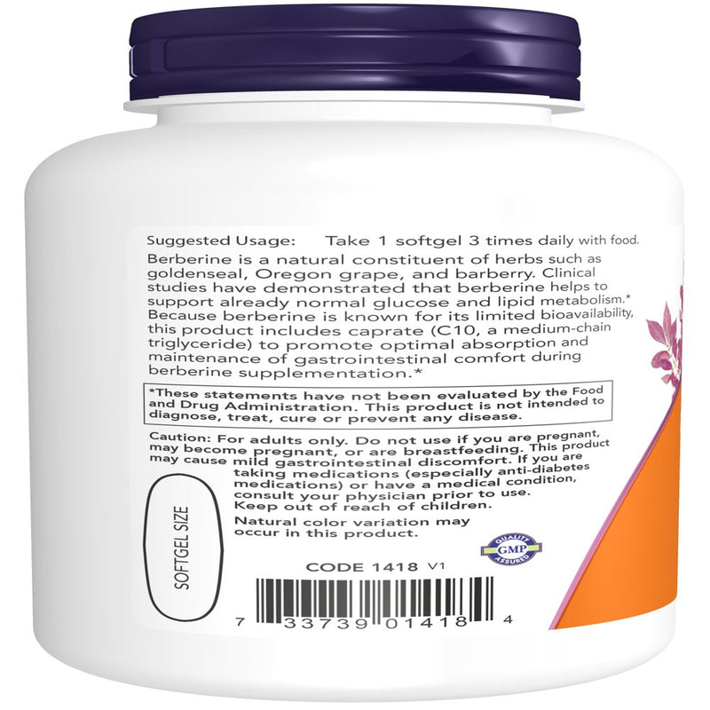 NOW Supplements, Berberine Glucose Support, Combined with MCT Oil, 60 Softgels