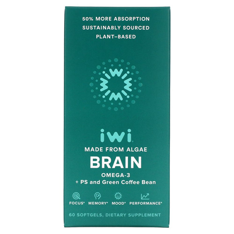 Iwi Brain Booster - Vegan Algae Omega 3 + PS & Green Coffee Bean Extract, EPA, DHA - 30 Day Supply