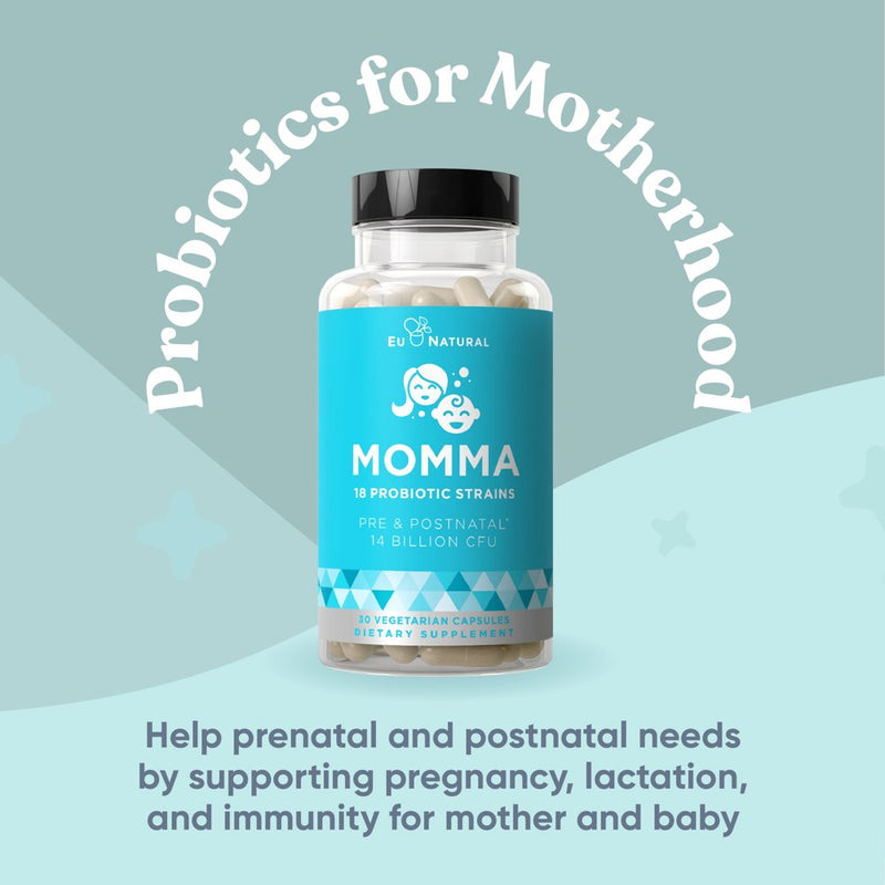 Momma Prenatal Probiotics Mom & Baby – Gut and Digestive Postpartum, Nursing, Morning Sickness Pregnancy Relief – 18 Clinically Proven Strains, 14 Billion CFU, Prebiotic – 30 Mini Vegan Capsules