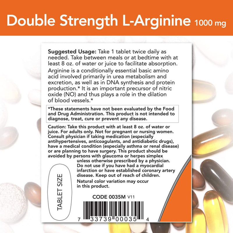 NOW Foods, L-Arginine 1,000 Mg, Nitric Oxide Precursor*, 120 Tablets - 2 Packs