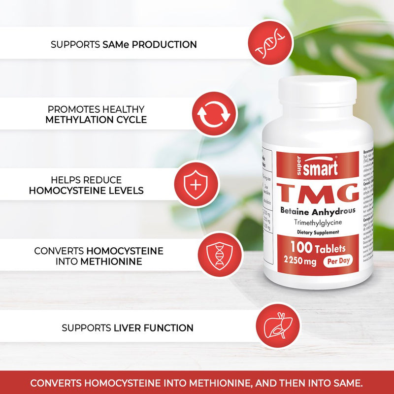 Supersmart - TMG Supplement 2250 Mg per Day (Trimethylglycine) - Betaine Anhydrous - Liver Support - Cardiovascular Health | Non-Gmo & Gluten Free - 100 Tablets