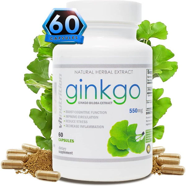 VH Nutrition Ginkgo Biloba 550Mg Supplement - Supports Brain Health, Mental Alertness, Concentration & Focus, Natural Energy Booster - 60 Capsules