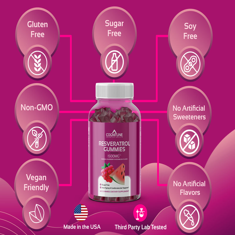 Resveratrol Gummies - Sugar Free Natural Raspberry Watermelon Flavor, 1500Mg Resveratrol Supplement for Heart, Brain, Immune Support & Wellness