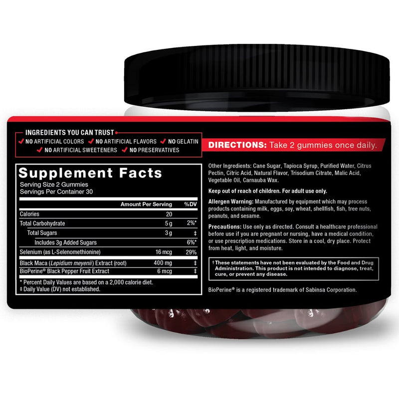 Force Factor Black Maca Gummies, Black Maca Root to Enhance Male Vitality, Increase Energy & Strength, with Bioperine for Superior Absorption, Delicious Passion Berry Flavor, 60 Gummies