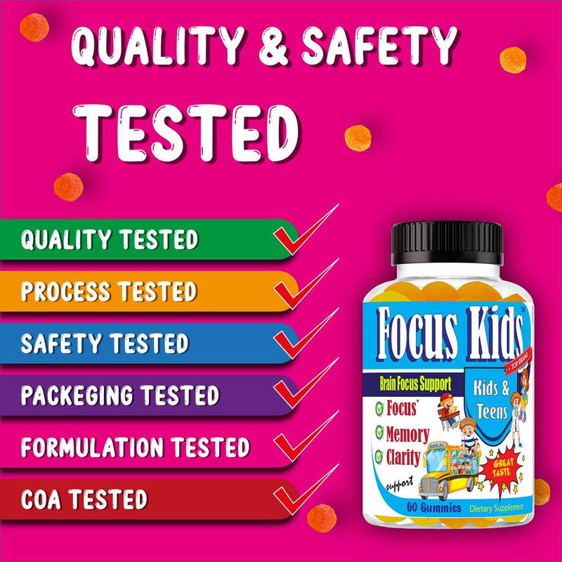 Focus Kids Kids Brain Booster Supplements Brain Focus Gummies Omega 3 for Kids Attention & Focus, Brain Booster, Memory & Concentration- 60Ct