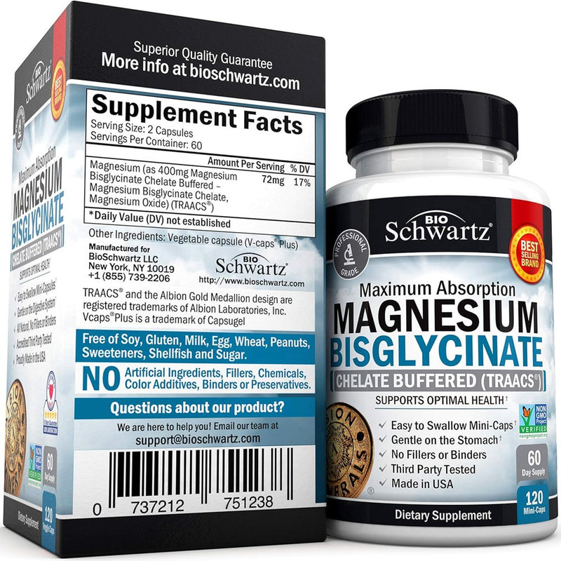 Bioschwartz Magnesium Bisglycinate 100% | Maximum Absorption | Health and Muscle Support | 120 Ct