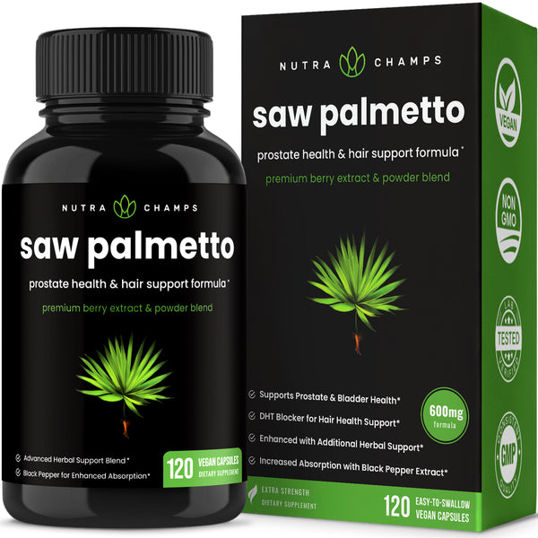 Nutrachamps Saw Palmetto Supplement for Prostate Health [Extra Strength] 600Mg Complex with Extract & Berry Powder - Supports Healthy Urination Frequency, DHT Blocker & Hair Loss Prevention - 120Ct