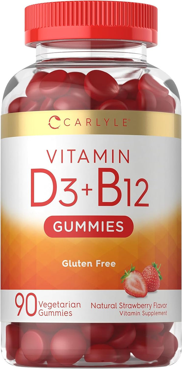 Vitamin D3 + B12 Complex | 90 Vegetarian Gummies | Natural Strawberry Flavor | by Carlyle
