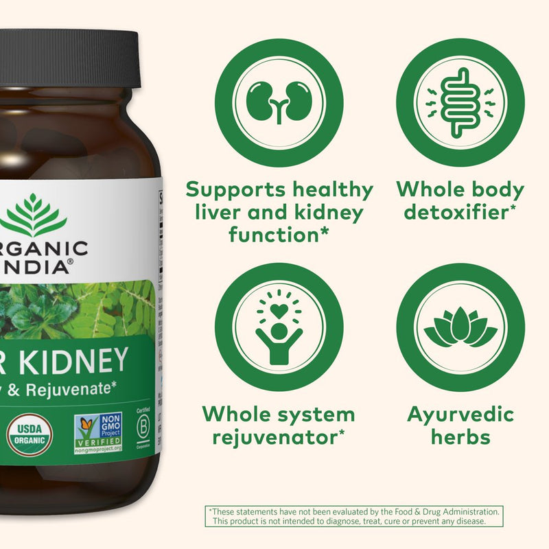 ORGANIC INDIA Liver Kidney Herbal Supplement 90 Vegetarian Capsules