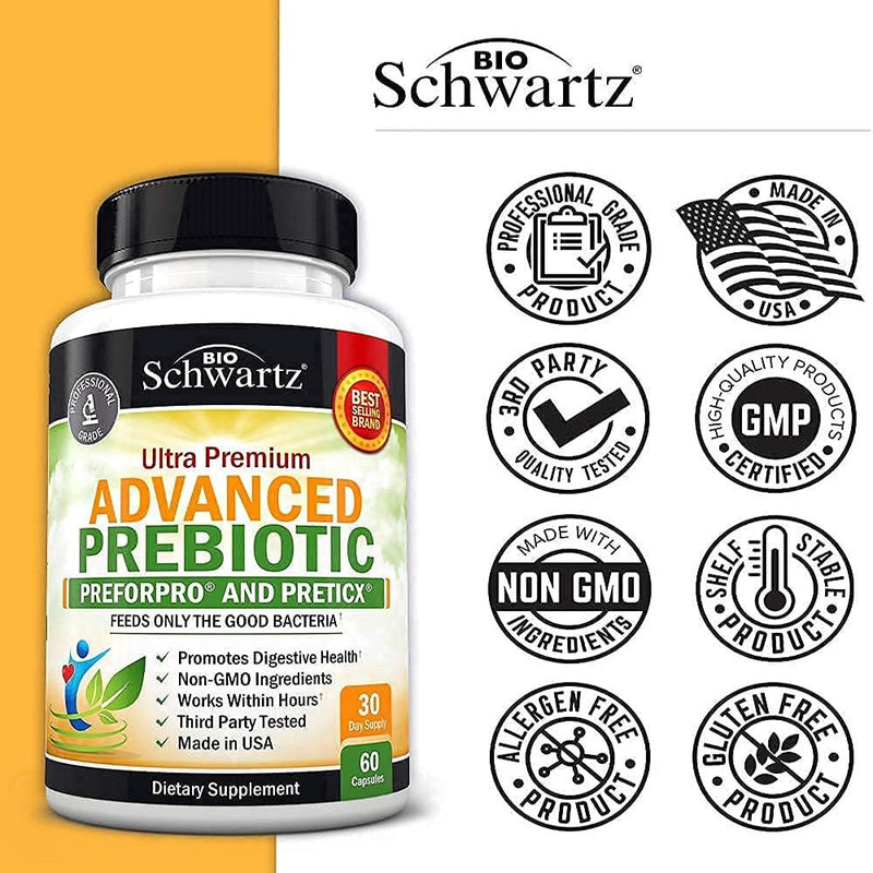 Bioschwartz Prebiotics for Advanced Gut Health - Immune System Support & Dietary Fiber - Promote Digestive Health - Gas & Digestion Support - Probiotics for Men & Women - 60 Capsules