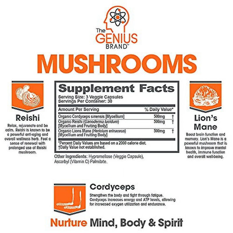 Genius Mushroom - Lions Mane, Cordyceps and Reishi - Immune System Booster & Nootropic Brain Supplement - Wellness Formula for Natural Energy, Stress Relief, Memory & Liver Support, 90 Veggi