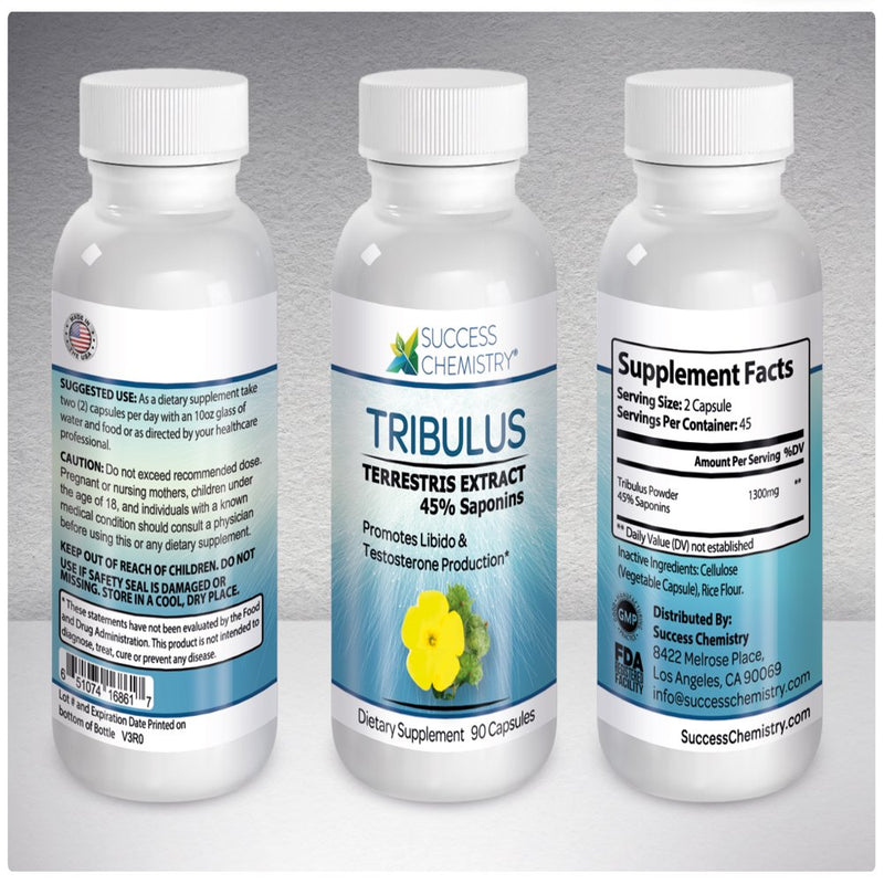 Tribulus by Success Chemistry. Natural Testosterone & Libido Booster for Men - High Strength Herbal Extract. Improves Stamina, Herbal Aphrodisiac & Mood Enhancer. Made in USA. Non-Gmo 90 Caps.