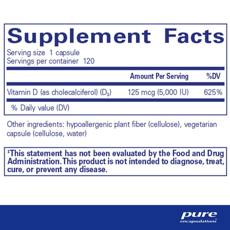 Pure Encapsulations Vitamin D3 125 Mcg (5,000 IU) | Supplement to Support Bone, Joint, Breast, Prostate, Heart, Colon and Immune Health* | 120 Capsules