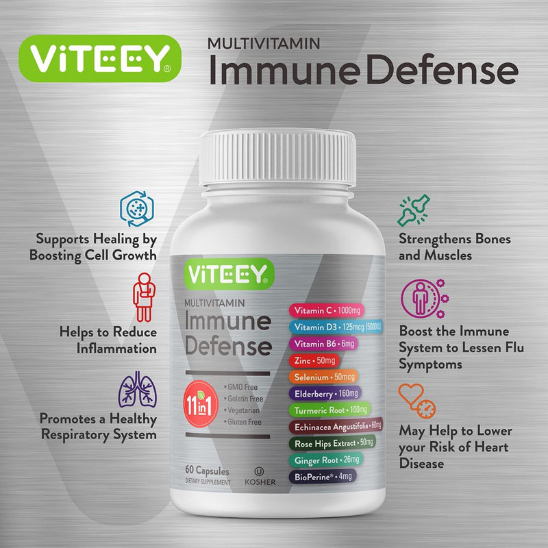 11 in 1 Immune Defense Support Supplement Booster with Vitamin C, Vitamin D3, Vitamin B6, Zinc, Elderberry, Echinacea, Turmeric, Rose-Hips, Selenium, Bioperine, Ginger, for Adults [60 Capsules-2 Pack]