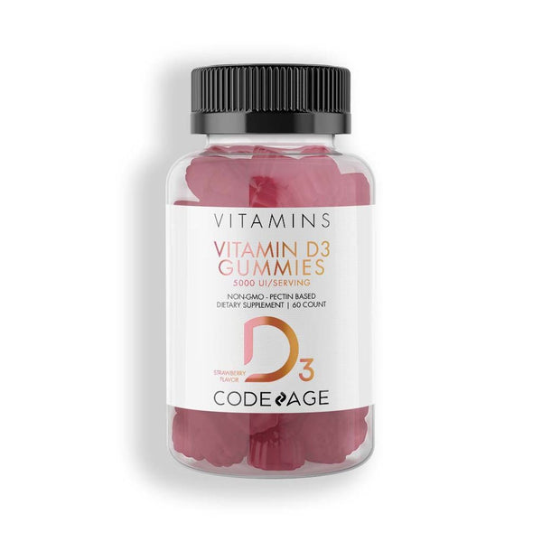 Codeage Vitamin D3 Gummies, Pectin-Based Chewable Vitamin D 5000 IU, Strawberry Flavor Vitamins Gummy, 60 Ct