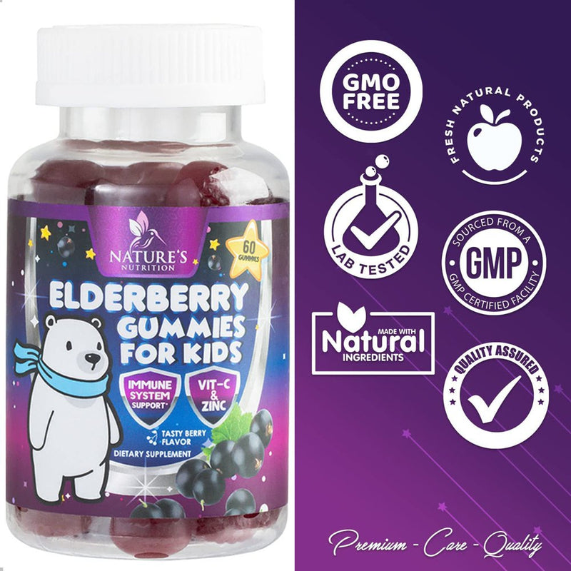 Elderberry Gummies for Kids with Vitamin C, Zinc & Sambucus Black Elderberry Extract - Daily Childrens Immune Support Vitamins Gummy Supplement, Non-Gmo, Vegan, Natural Berry Flavor - 120 Gummies