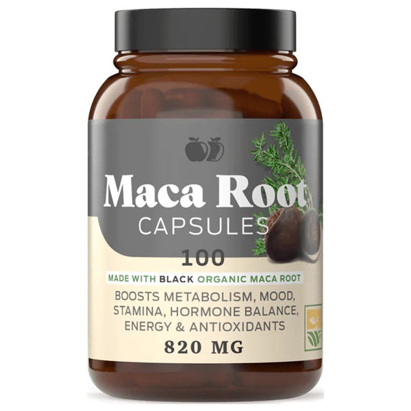 Organic Black Maca Root Capsules - 820Mg 100 Gelatinized Pills, Organic Black Raw Maca Root Powder Supplement