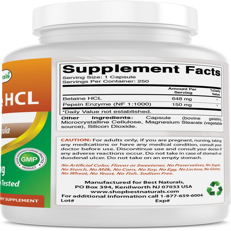 2 Pack Best Naturals Betaine HCL 648 Mg 250 Capsules