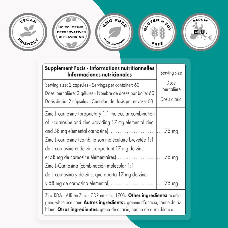 Supersmart - Zinc L-Carnosine 75Mg per Day (Zinc Carnosine) - GI Tract Support - Gut Restore & Digestive Health - Acid Reflux Relief | Non-Gmo & Gluten Free - 120 Vegetarian Capsules