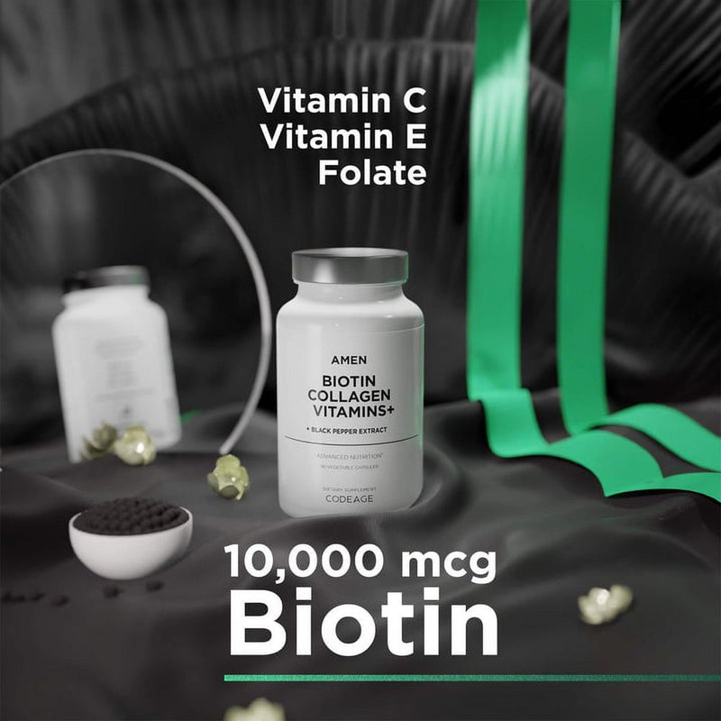 Amen Biotin Collagen Peptides, Vitamins C & E, Folate, Keratin, Hyaluronic Acid, Hair & Skin, 90 Ct