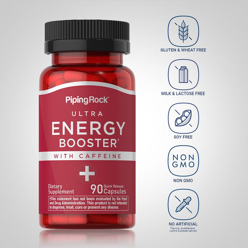 Energy Booster Supplement | 90 Capsules | with Caffeine | by Piping Rock