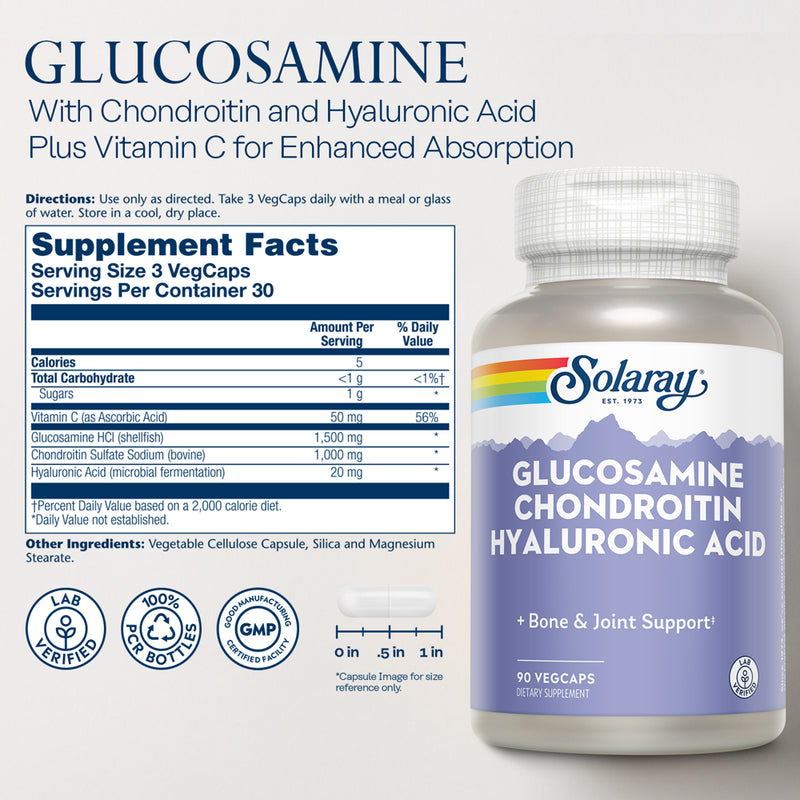 Solaray Glucosamine Chondroitin Hyaluronic Acid | Healthy Joint Comfort & Mobility with Vitamin C | 30 Serv, 90 Vegcaps