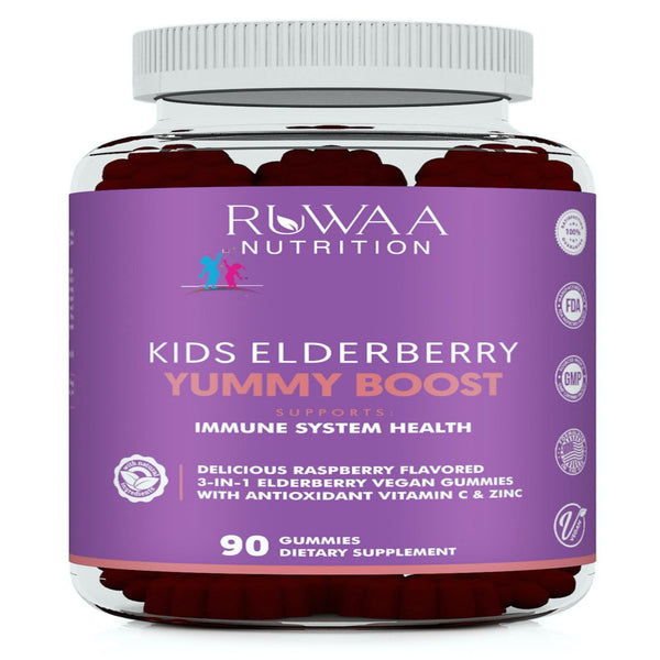 Kids Elderberry Gummies with Zinc and Vitamin C, Kids Immune Support Vitamins, Children'S Immunity Booster, Vegan, Gluten Free, Dietary Supplements - 90 Gummies - Ruwaa Nutrition Yummy Boost