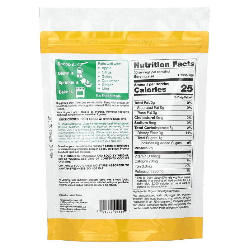 Organic Wheat Grass Powder, Sourced from USA, USDA Certified Organic, 8.5 Oz (240 G)
