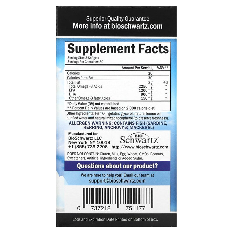 Bioschwartz Fish Oil Omega 3 EPA & DHA 2250 Mg- Immune & Heart Support Fatty Acids Pills - Promotes Immunity, Joint, Eyes, Brain & Skin Health - Non GMO 90 Ct