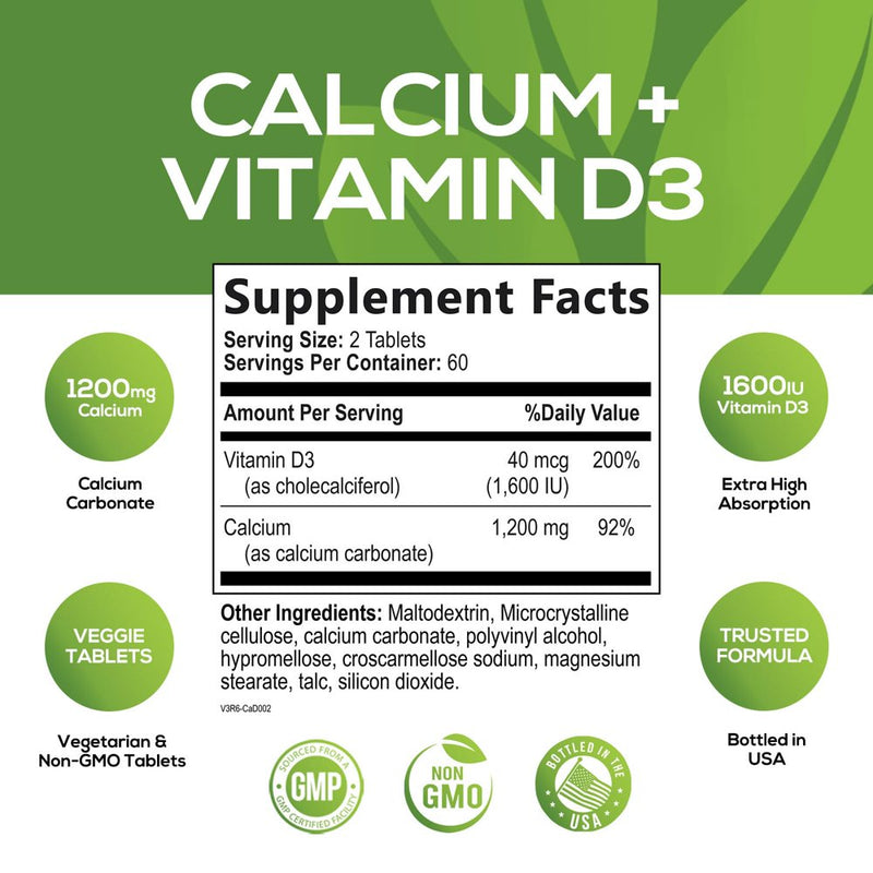 Calcium 1200 Mg plus Vitamin D3, Bone Health & Immune Support - Nature'S Calcium Supplement with Extra Strength Vitamin D for Extra Strength Carbonate Absorption Dietary Supplement - 120 Tablets