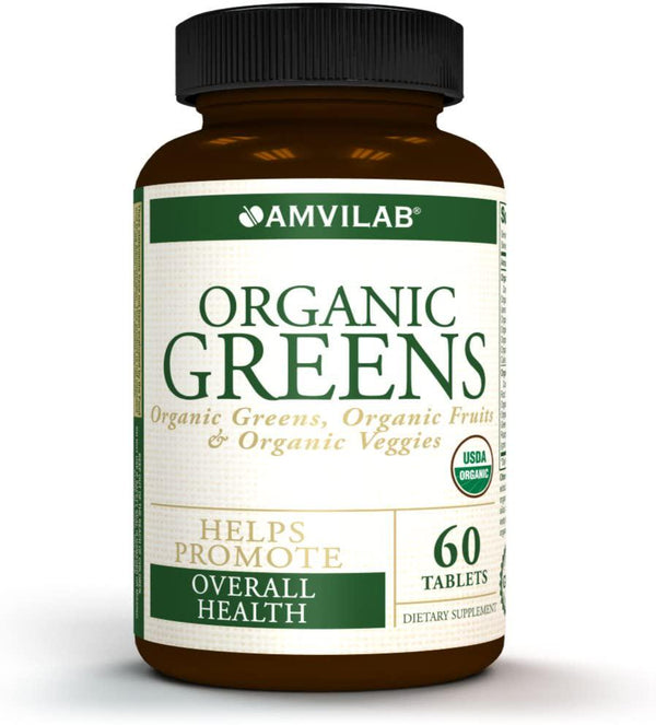 AMVILAB Organic Greens, Fruits and Veggies Best Supplement to Boost Energy, Detox, Enhance Health. USDA Organic, Gluten Free, Vegan, Non-GMO, No. 1 Source of Essential Nutrient-Rich Super-Food 60 Count