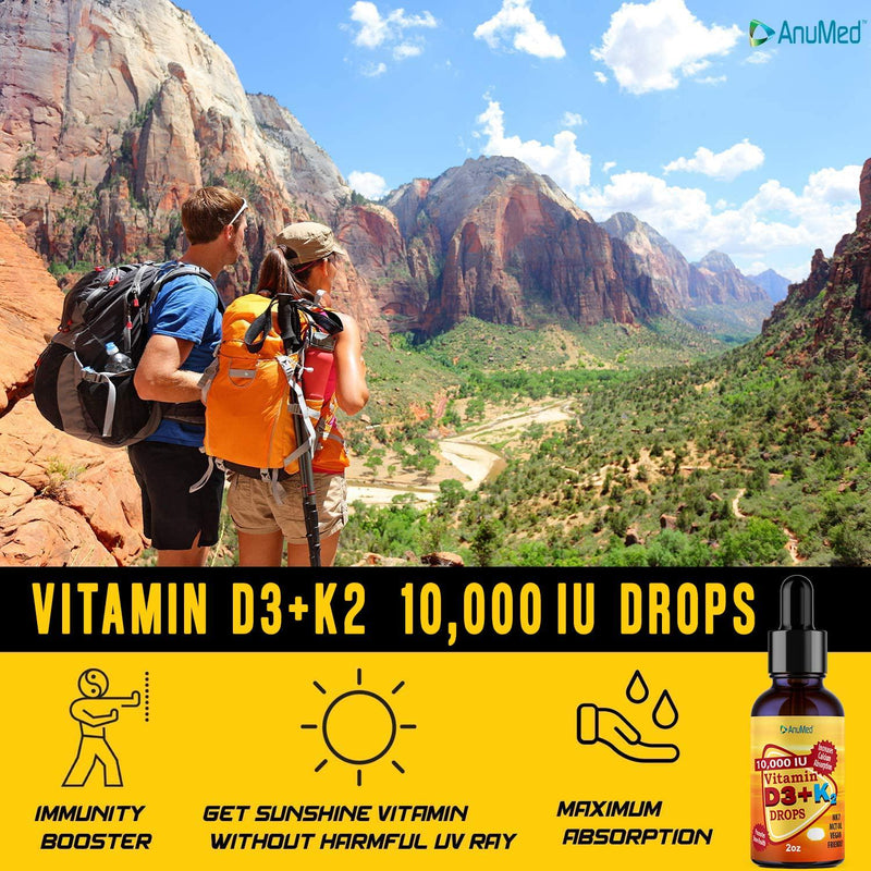ANUMED Vitamin D3 + K2 10,000 IU Liquid Drops + Organic MCT Oil, Vitamin A (Retinol) 1250mcg, K2 (MK4,MK7) Promotes Heart, Bones, Immune System. 100% Vegan, Non-GMO, Gluten-Free, No Sugar Added (2oz)
