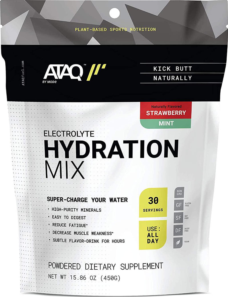 ATAQ All-Natural Electrolyte Hydration Mix, Strawberry Mint, Hydra 4G Mineral Blend, Betaine to Aid Metabolism, No Artificial Sweeteners, Gluten-Free, 450g Pouch, 30 Servings
