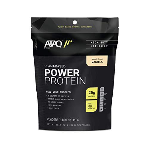 ATAQ Plant Based Protein Powder, Vanilla, 25g Protein, 3.7g BCAAs, Digestive Enzymes, High Protein, No Added Sugar, Gluten Free, 1lb Pouch, 13 Servings