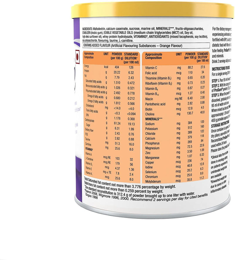 Abbott Prosure Nutritional Drink - 400 g (Orange) for Weight Gain Nutrition Cachexia Lean Mass Gain Anorexia