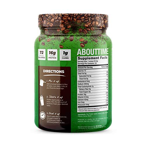 About Time Coffee + Vegan Protein (Non-GMO, All Natural, Lactose/Gluten Free, 16g of Protein Per Serving) - 1.03lb Jar, Coffee Mochaccino