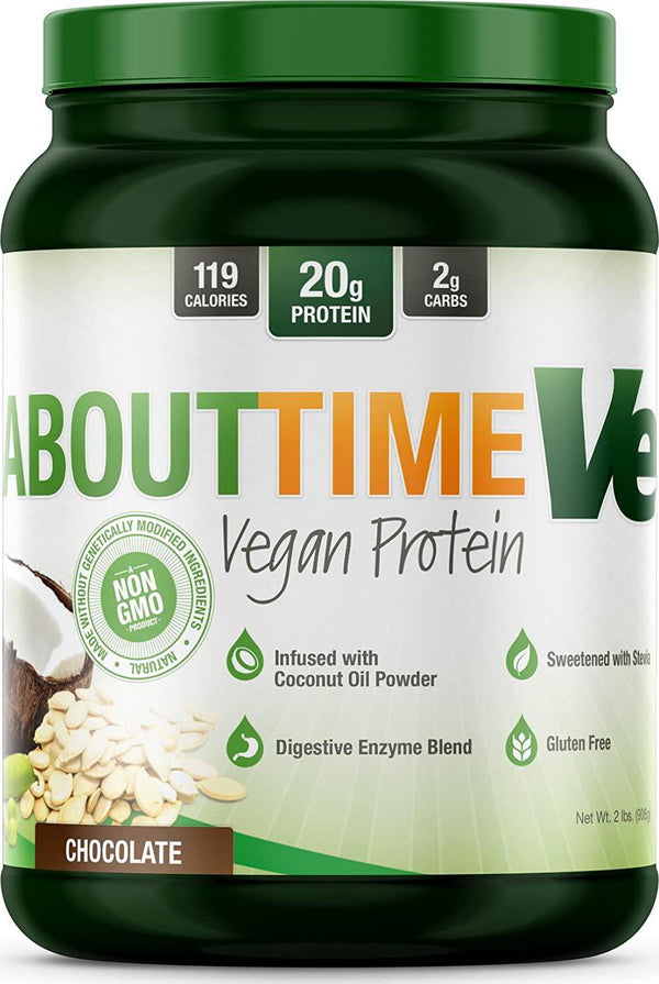 About Time Natural Vegan Protein Chocolate 2lb - 24g Protein, Non-GMO, Plant Based, Gluten Free, Soy Free, Dairy Free, 32 Servings