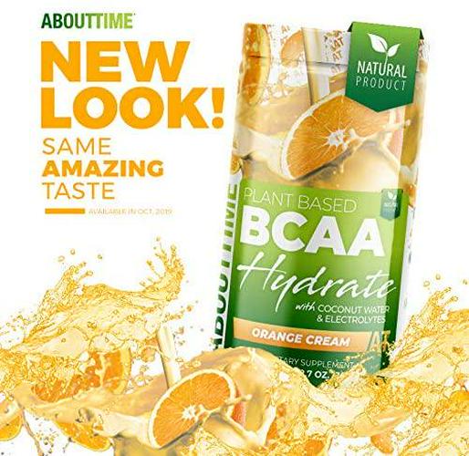 About Time Plant Based BCAA Hydrate Clear with L-Glutamine and Electrolytes (Non-GMO, Gluten Free, Monk Fruit) - Orange Cream, 20 Servings