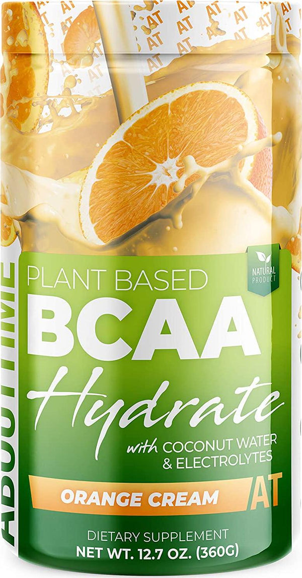 About Time Plant Based BCAA Hydrate Clear with L-Glutamine and Electrolytes (Non-GMO, Gluten Free, Monk Fruit) - Orange Cream, 20 Servings