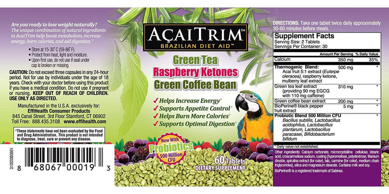 AcaiTrim- Weight Loss Supplement- Green Tea Extract, Green Coffee Bean Extract, Raspberry Ketones, Acai, and Probiotics Supports Metabolism and Energy for Men and Women- 60 Acai Berry Capsules