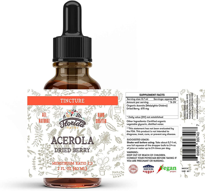 Acerola Tincture (Vitamin C), Organic Acerola Extract (Malpighia Glabra) Dried Berry for Blood, Heart, Arteries, Non-GMO in Cold-Pressed Organic Vegetable Glycerin, Florida Herbs Supplements
