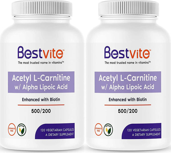 Acetyl L-Carnitine 500mg and Alpha Lipoic Acid 200mg per Capsule with Biotin (240 Vegetarian Capsules) (120 x 2) - No Stearates - Vegan - Non GMO - Gluten Free