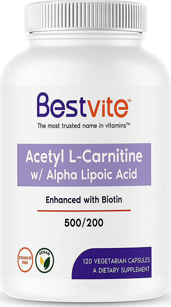 Acetyl L-Carnitine 500mg and Alpha Lipoic Acid 200mg per Capsule with Biotin (120 Vegetarian Capsules) - No Stearates - Vegan - Non GMO - Gluten Free