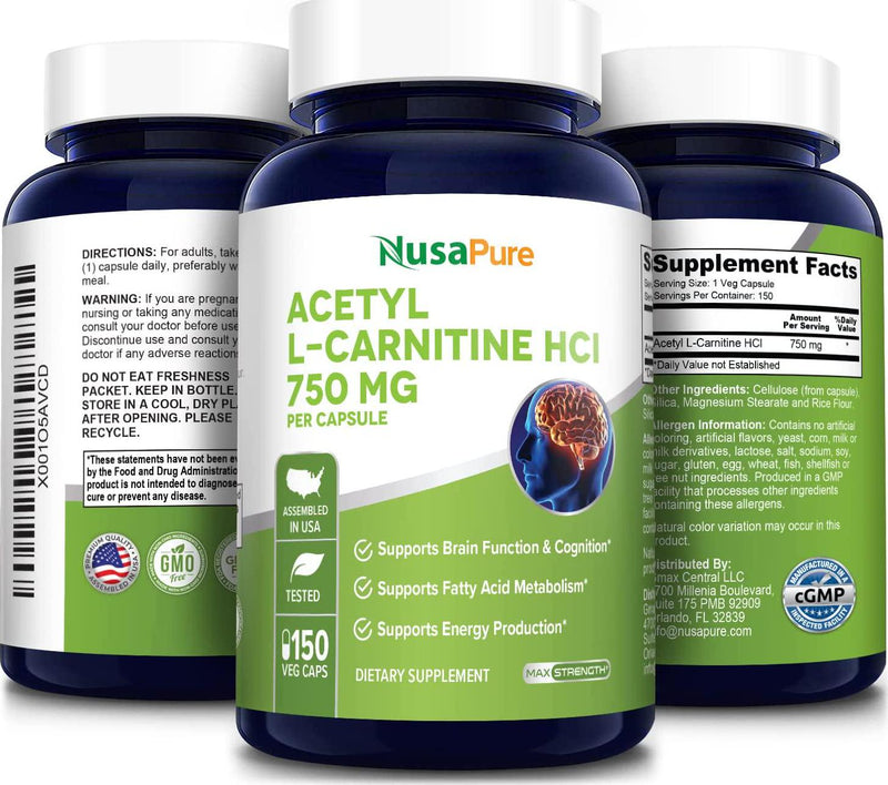 Acetyl L-Carnitine 750mg Per Caps 150 Veggie Capsules (Non-GMO and Gluten Free) High Potency Acetyl L Carnitine HCL (ALCAR) Supplement Pills