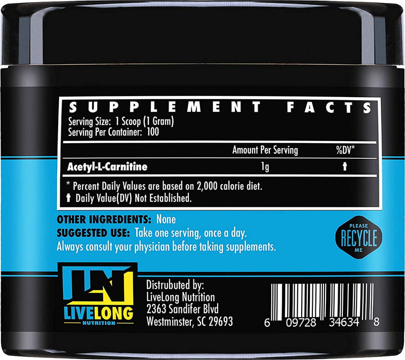 Acetyl L-Carnitine (ALCAR) Bulk Powder 100g | Supplement for Energy, Mental Focus, Fat Metabolization and Fat Loss, Fatty Acid Transporter Amino