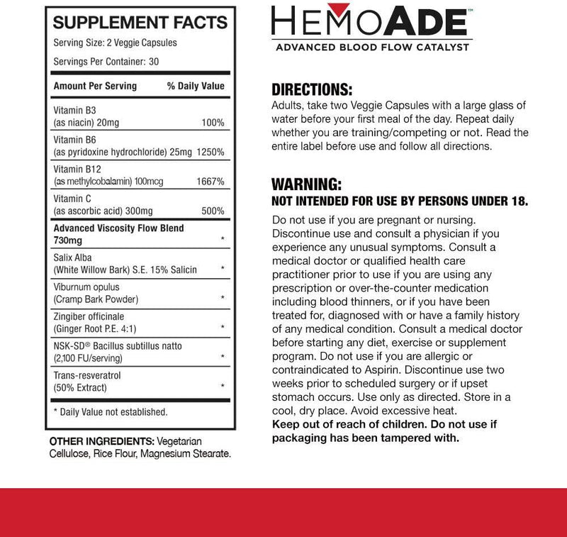 Actionetix HemoAde Advanced Blood Flow Catalyst, Endurance Supplement for Muscle Cramps, Arm Pump, and VO2, Fast Muscle Recovery, Blood Flow Supplement for Men and Women Athletes, 60 Vegetable Capsules
