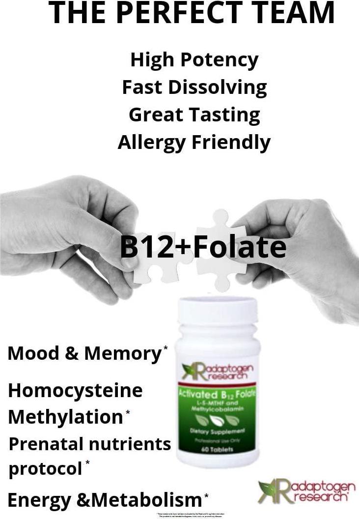 Activated B12 Folate Lozenges Formula | High Potency Methylcobalamin Metafolin Folate L-5-MTHF | Bioactive Forms Vitamin B12 and Folate | 60 Fast-Dissolving Tablets |Adaptogen Research