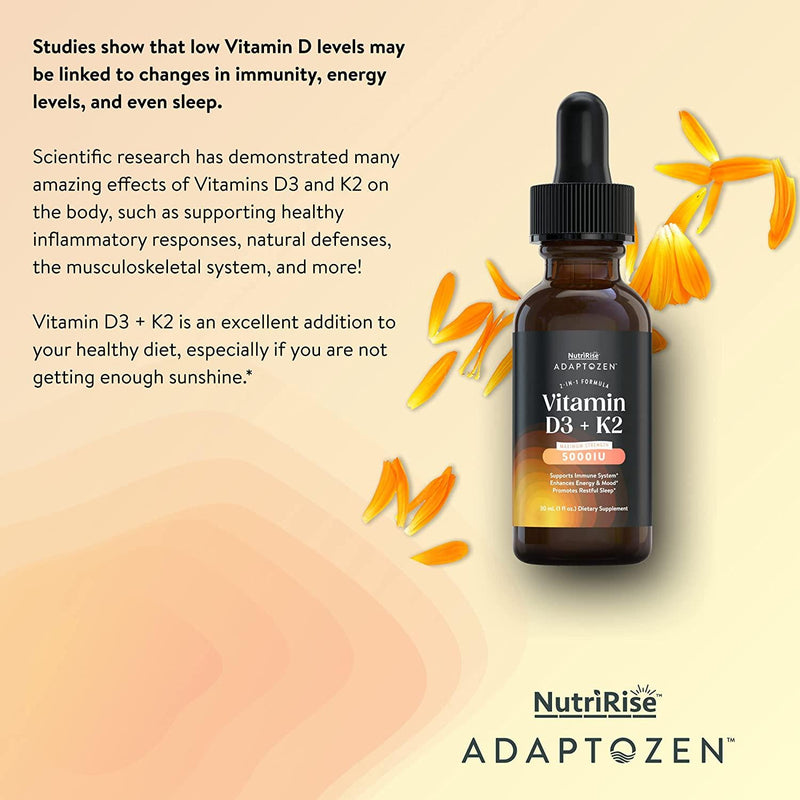 AdaptoZen Vitamin D3 + K2 Drops - 5000 IU: Support for Energy, Well-Being, Immunity and Joint Comfort, Vegetarian, Gluten-Free Formula for Men and Women + MCT Oil in Partnership with Michael Beckwith