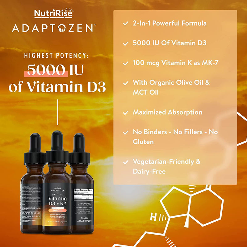 AdaptoZen Vitamin D3 + K2 Drops - 5000 IU: Support for Energy, Well-Being, Immunity and Joint Comfort, Vegetarian, Gluten-Free Formula for Men and Women + MCT Oil in Partnership with Michael Beckwith